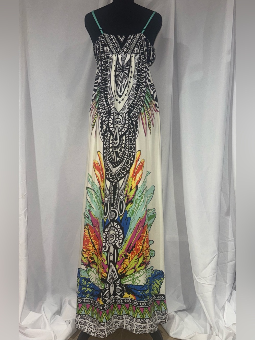 Flying Tomato Cream Maxi Dress with Black Tribal Motif and Bright Accents - Picture 9 of 10